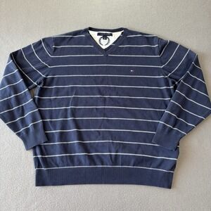 Tommy Hilfiger Mens L Navy Stripe VNeck Sweater Knit Pullover Classic Preppy Y2K